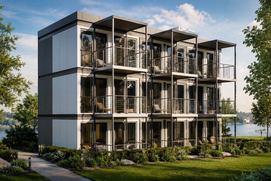 Troetažni modularni stambeni kompleks sa terasama i staklenim frontovima