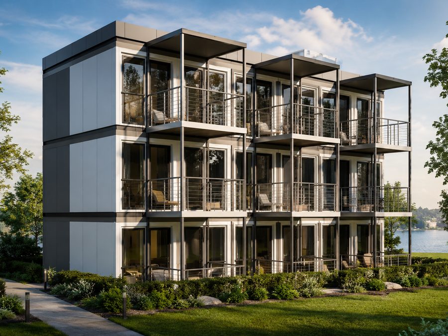 Troetažni modularni stambeni kompleks sa terasama i staklenim frontovima